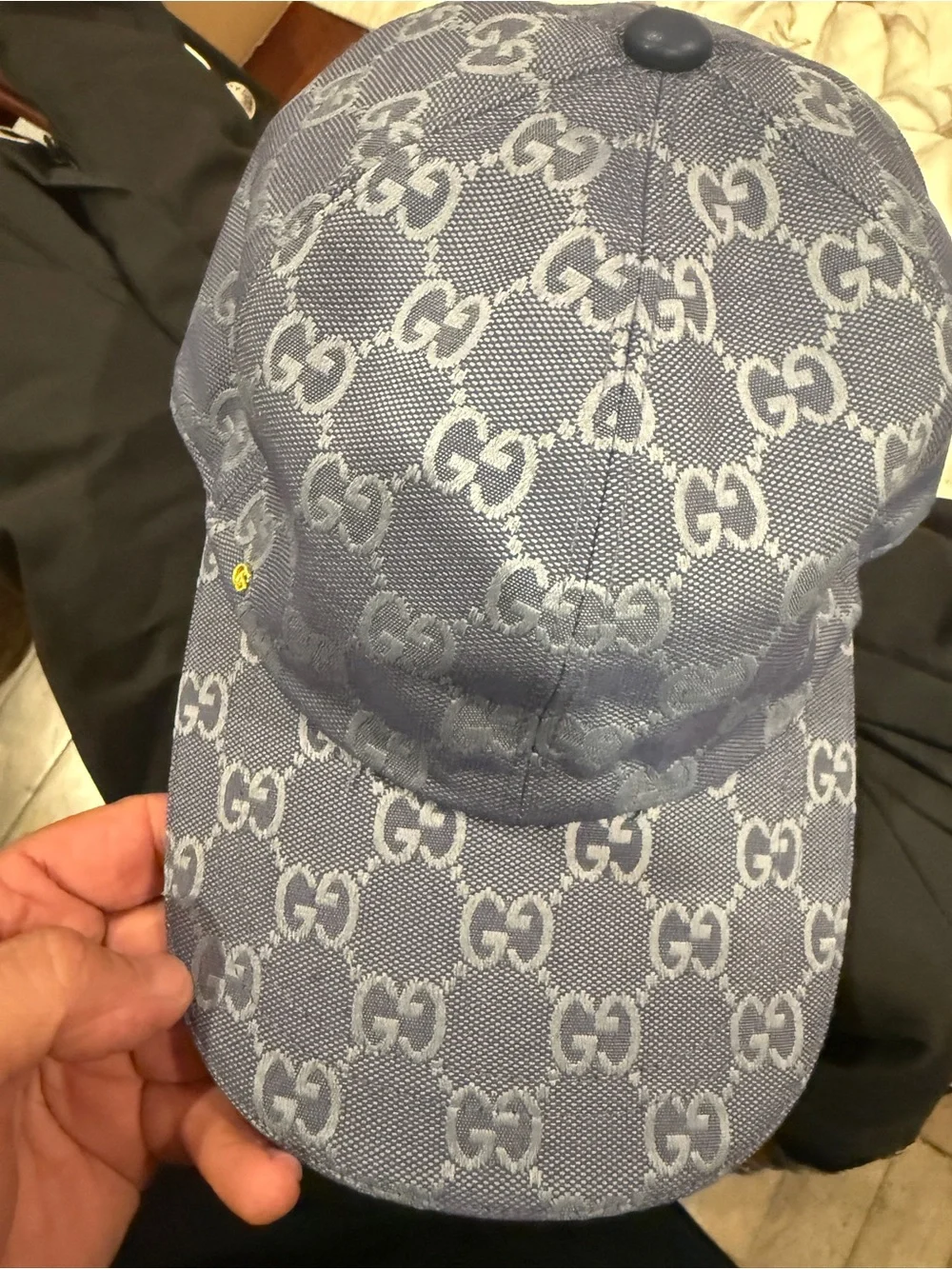 Gucci Cream Satin Hat with Navy and Red Label Accents